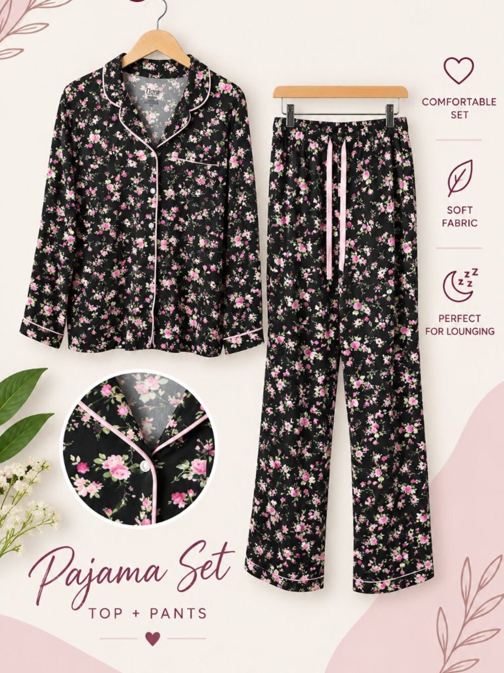 flora by Flora Nikrooz Black Pink Floral 2 Pc Pajama Set Button Up Pants Small